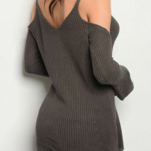 OLIVE GREEN RIBBED COLD SHOULDER BOHO SWEATER TOP - Picture 2 of 3